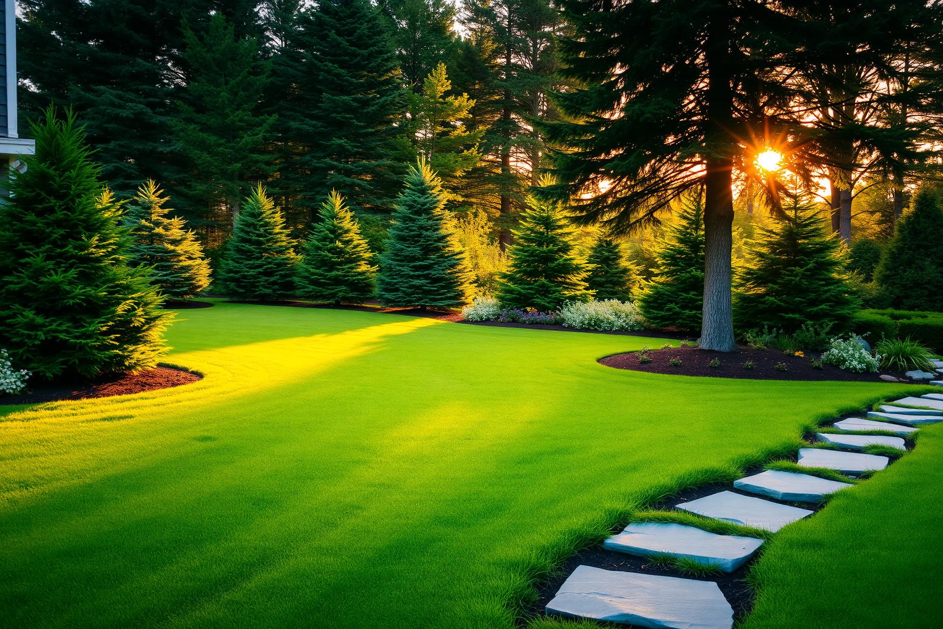 Manicured Maine lawn at golden hour